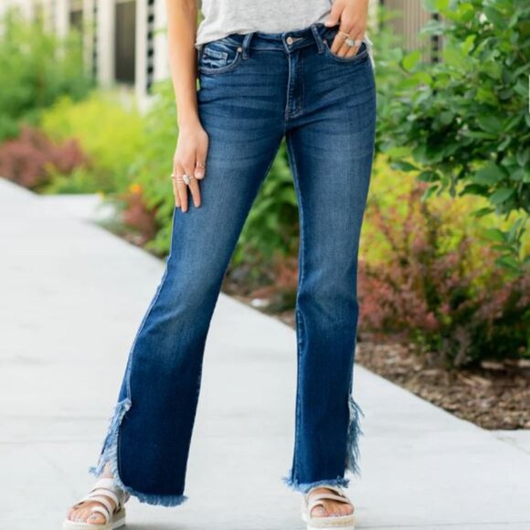 KanCan 7/27 Kimmie High Rise Split Frayed Hem Flare Blue Jeans - Picture 1 of 11